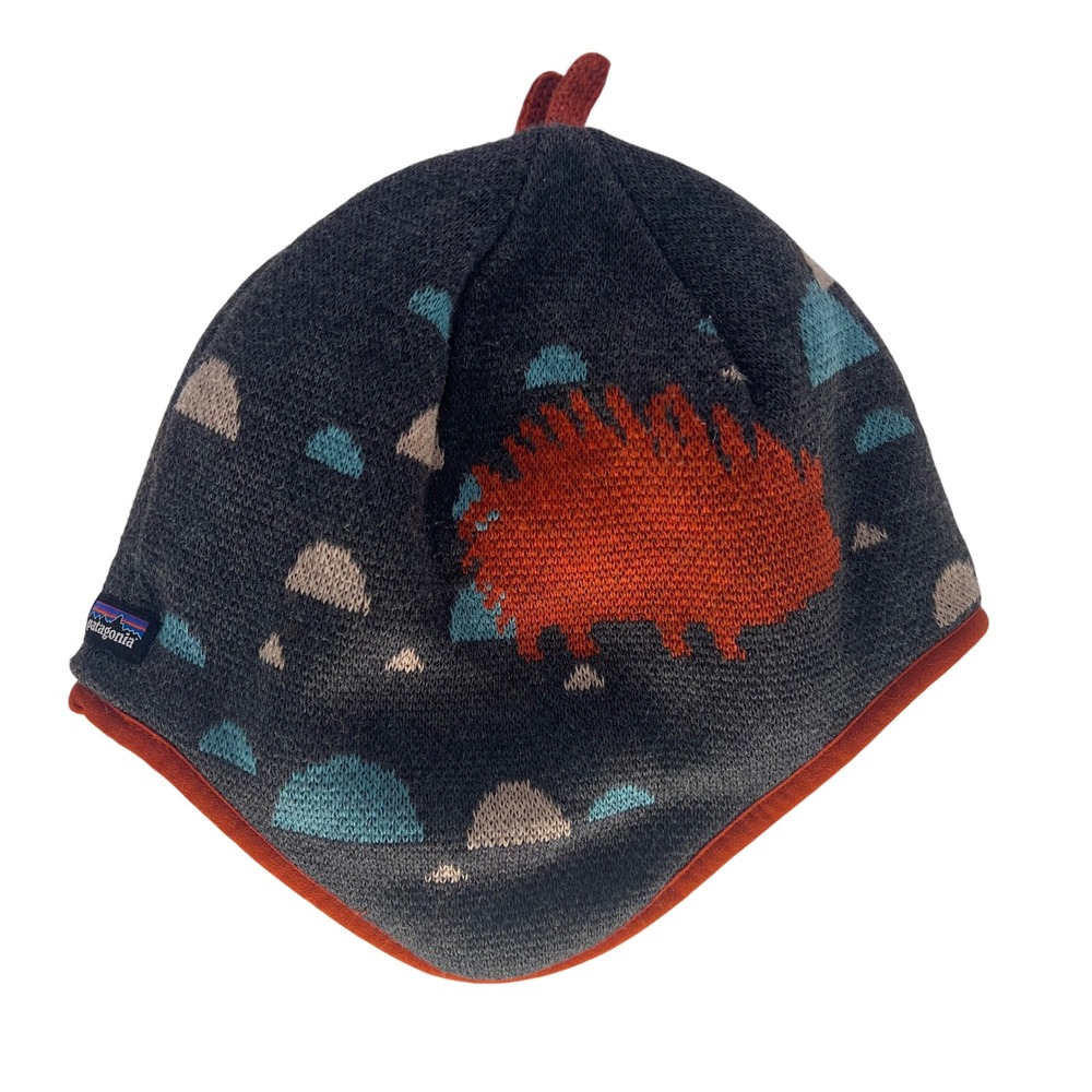 Patagonia Kids‎ Fleece Lined Reversible Hat Hedgehog Cloud Pattern Orange Trim